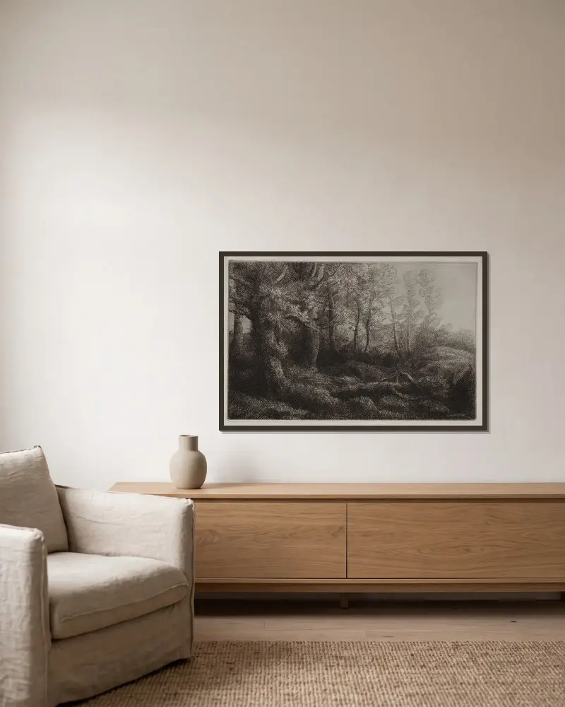 Eine Waldstudie von Alphonse Legros gerahmt an einer Wand