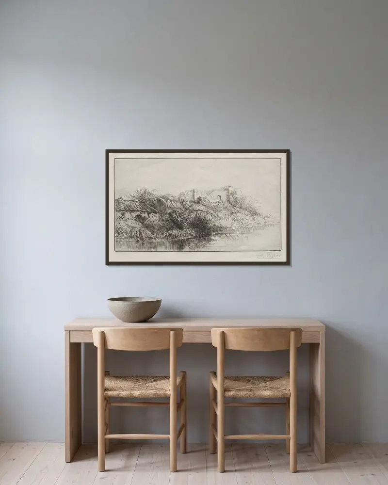 Övergiven by av Alphonse Legros inramad på en vägg
