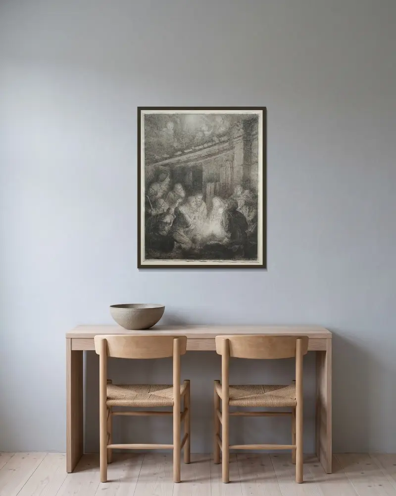Herdarnas tillbedjan av Alphonse Legros inramad på en vägg