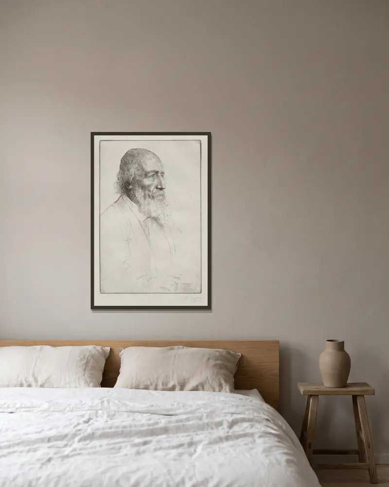 Alfred Lord Tennyson av Alphonse Legros inramad på en vägg