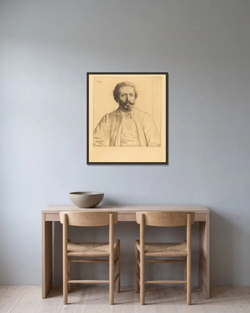 Auguste Delatre av Alphonse Legros inramad på en vägg