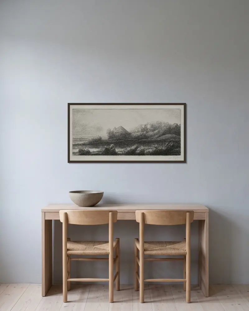 Stuga i kärret av Alphonse Legros inramad på en vägg