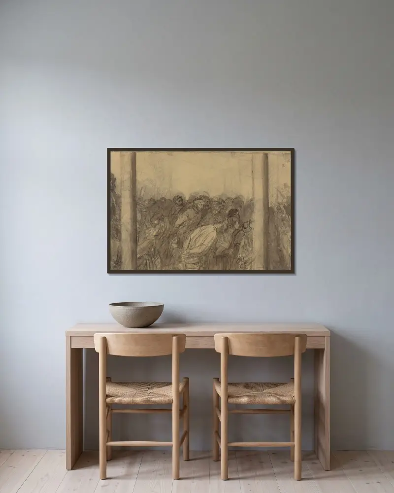Folkmassa sedd mellan två kolonner (verso) av Alphonse Legros inramad på en vägg
