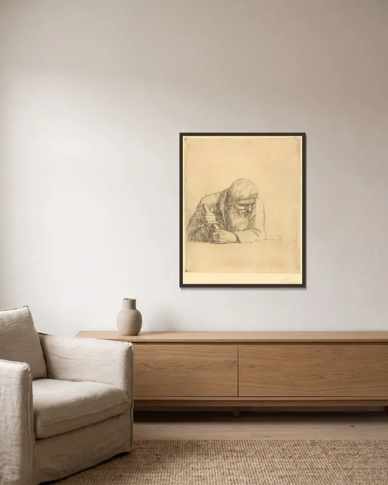 Neugieriger Mann von Alphonse Legros gerahmt an einer Wand