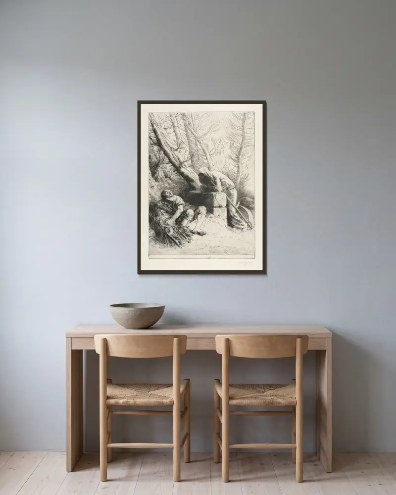 Döden och vedhuggaren av Alphonse Legros inramad på en vägg