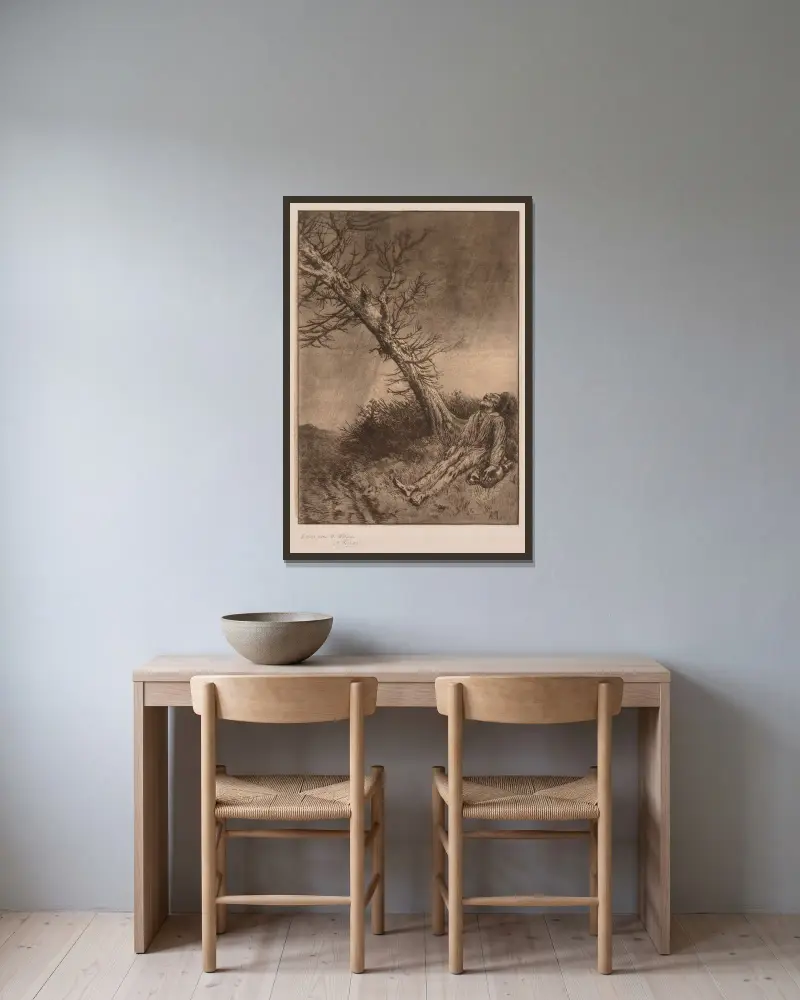 En vagabonds död av Alphonse Legros inramad på en vägg