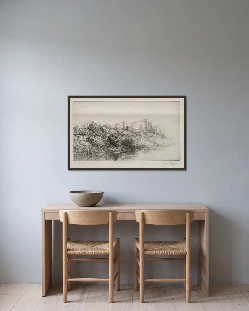 Övergiven by av Alphonse Legros inramad på en vägg