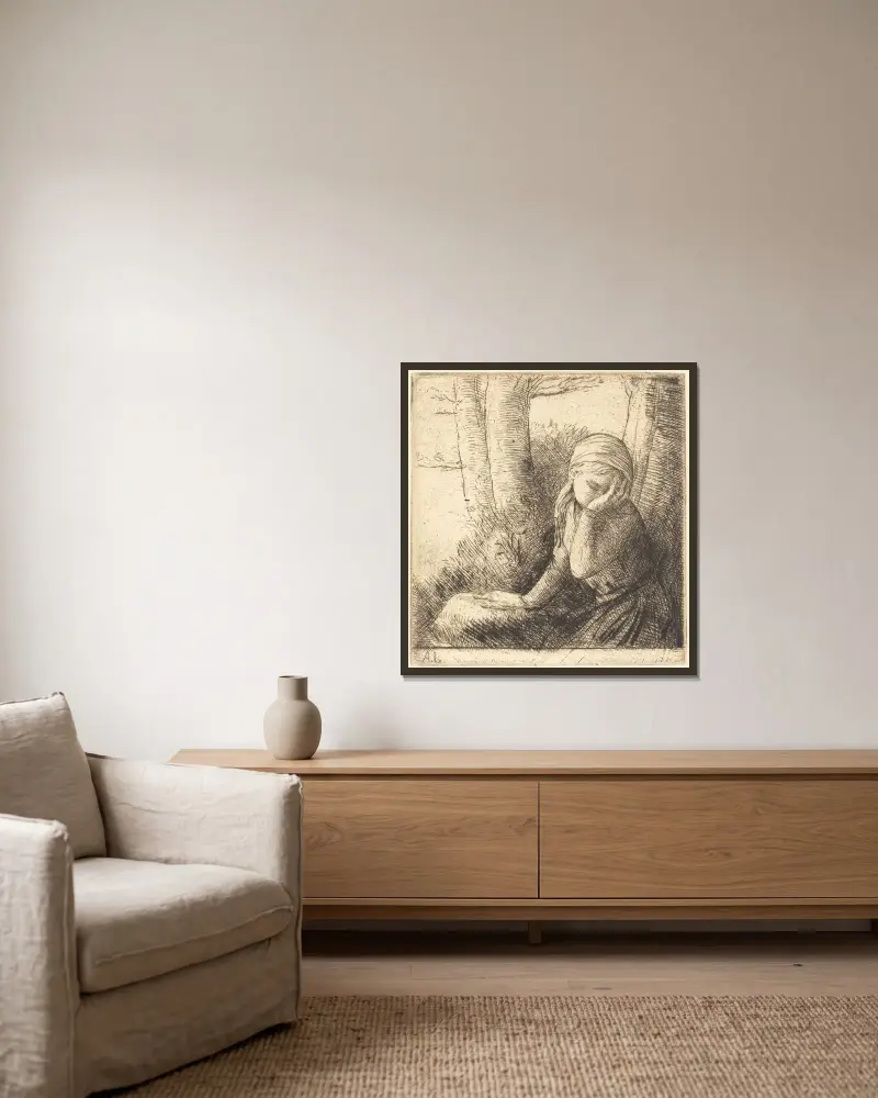 Förtvivlad ung flicka av Alphonse Legros inramad på en vägg