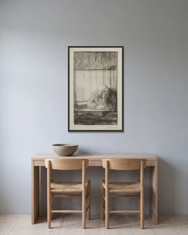 Kväll vid fönstret av Alphonse Legros inramad på en vägg
