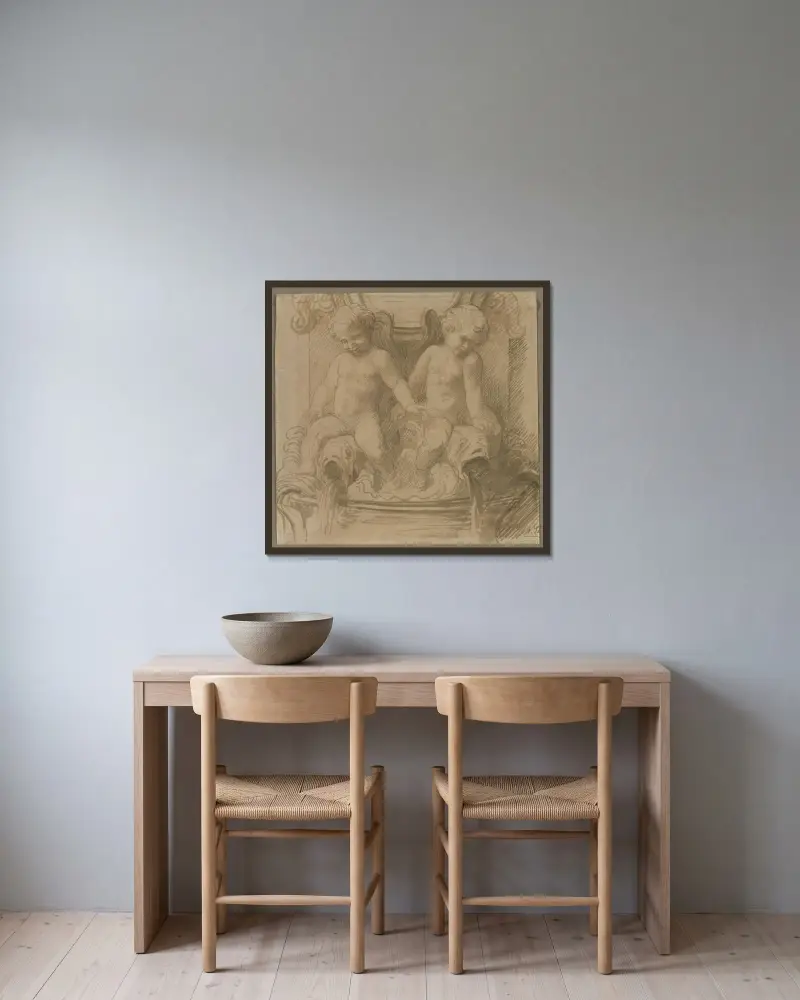 Fontän med putti ridande på delfiner av Alphonse Legros inramad på en vägg
