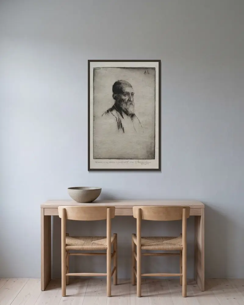 Huvud av en man av Alphonse Legros inramad på en vägg
