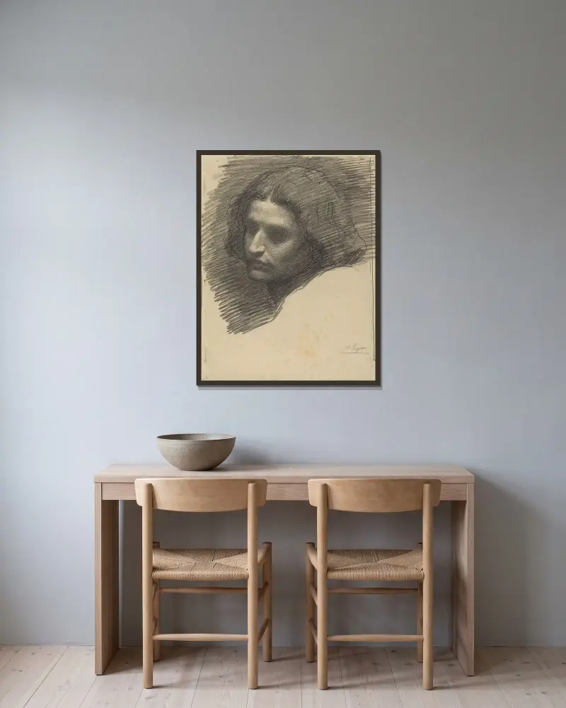 Manshuvud i profil mot vänster av Alphonse Legros inramad på en vägg