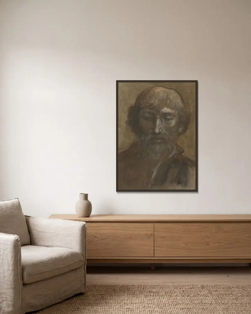 Manshuvud, framifrån av Alphonse Legros inramad på en vägg