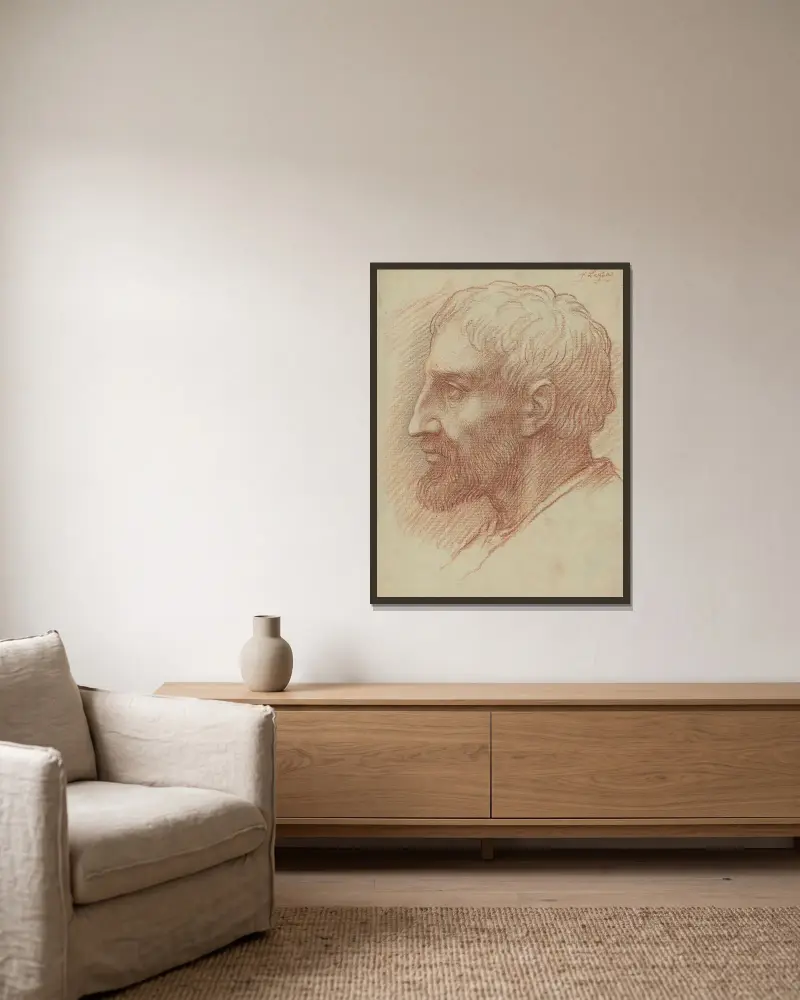 Manshuvud III av Alphonse Legros inramad på en vägg