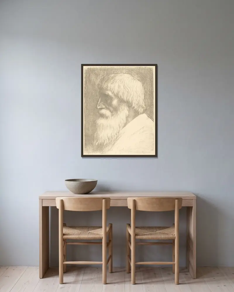 Huvud av en man (Tête d’homme) V av Alphonse Legros inramad på en vägg