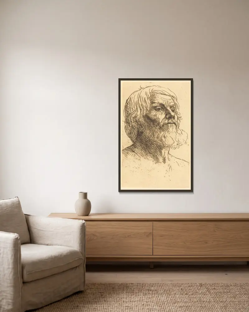 Manshuvud (Tête d'homme) VI av Alphonse Legros inramad på en vägg