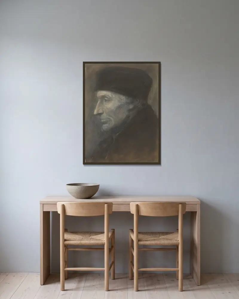 Manshuvud med skallmössa av Alphonse Legros inramad på en vägg