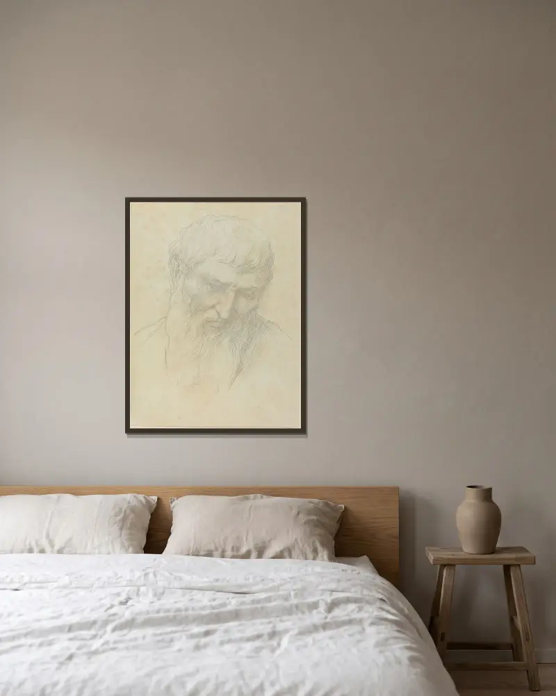 Huvud av en man med lockigt hår och skägg av Alphonse Legros inramad på en vägg