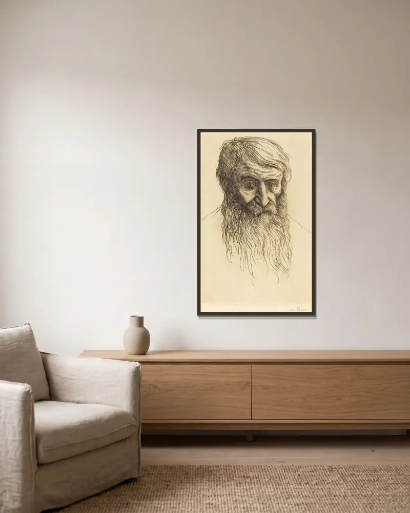 Filosofens huvud av Alphonse Legros inramad på en vägg