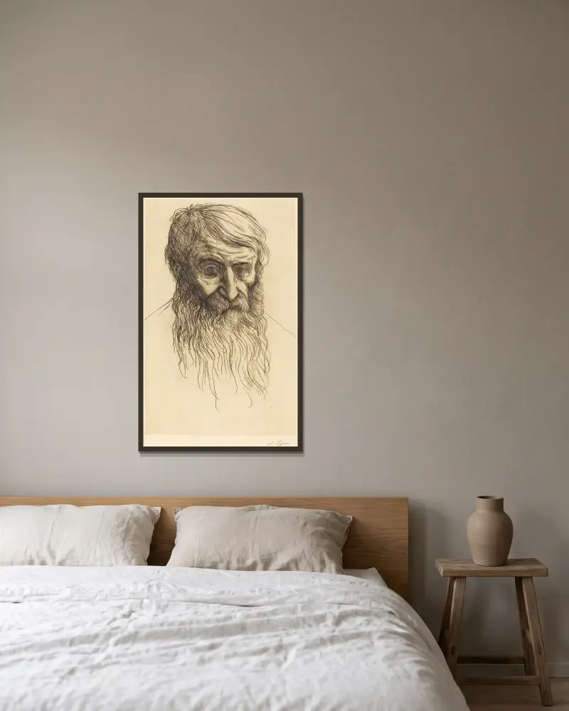 Filosofens huvud av Alphonse Legros inramad på en vägg