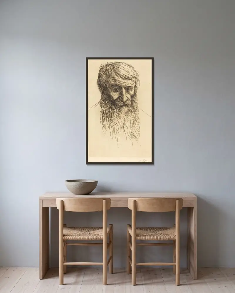 Filosofens huvud av Alphonse Legros inramad på en vägg