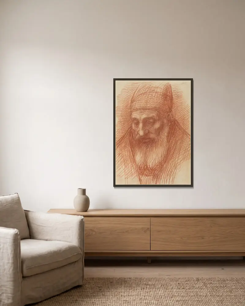 Prästhuvud av Alphonse Legros inramad på en vägg