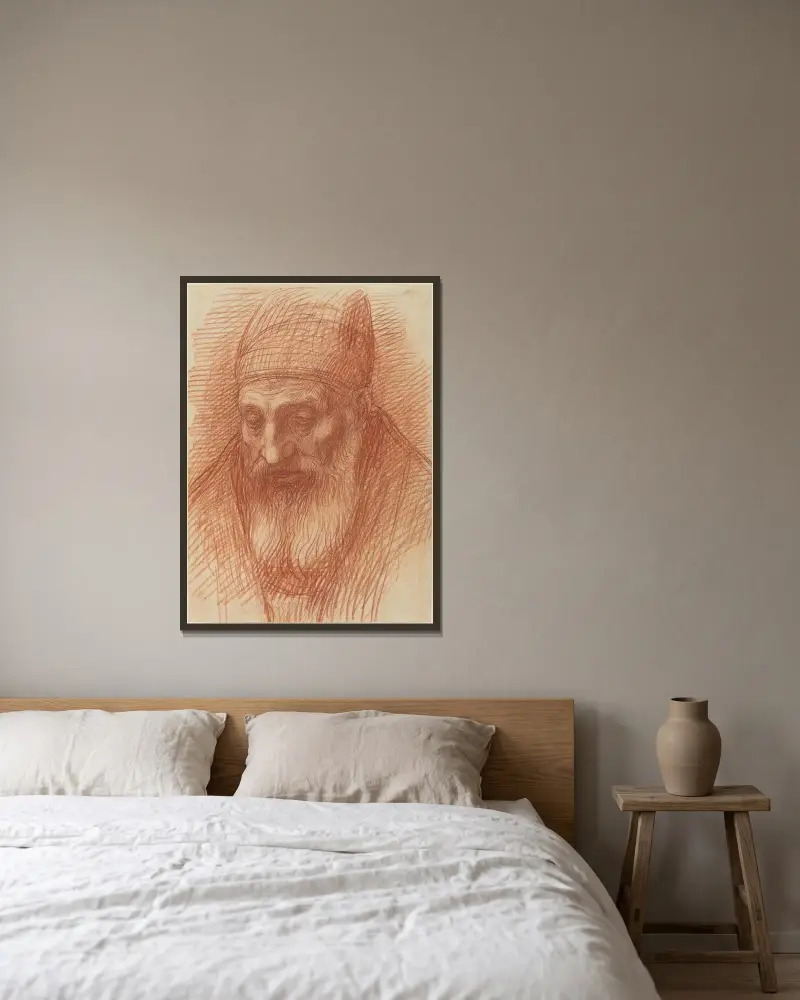 Prästhuvud av Alphonse Legros inramad på en vägg