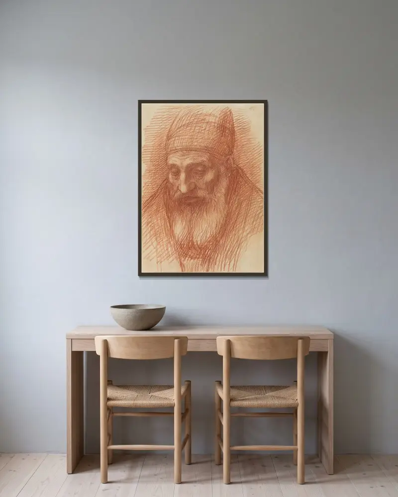 Prästhuvud av Alphonse Legros inramad på en vägg
