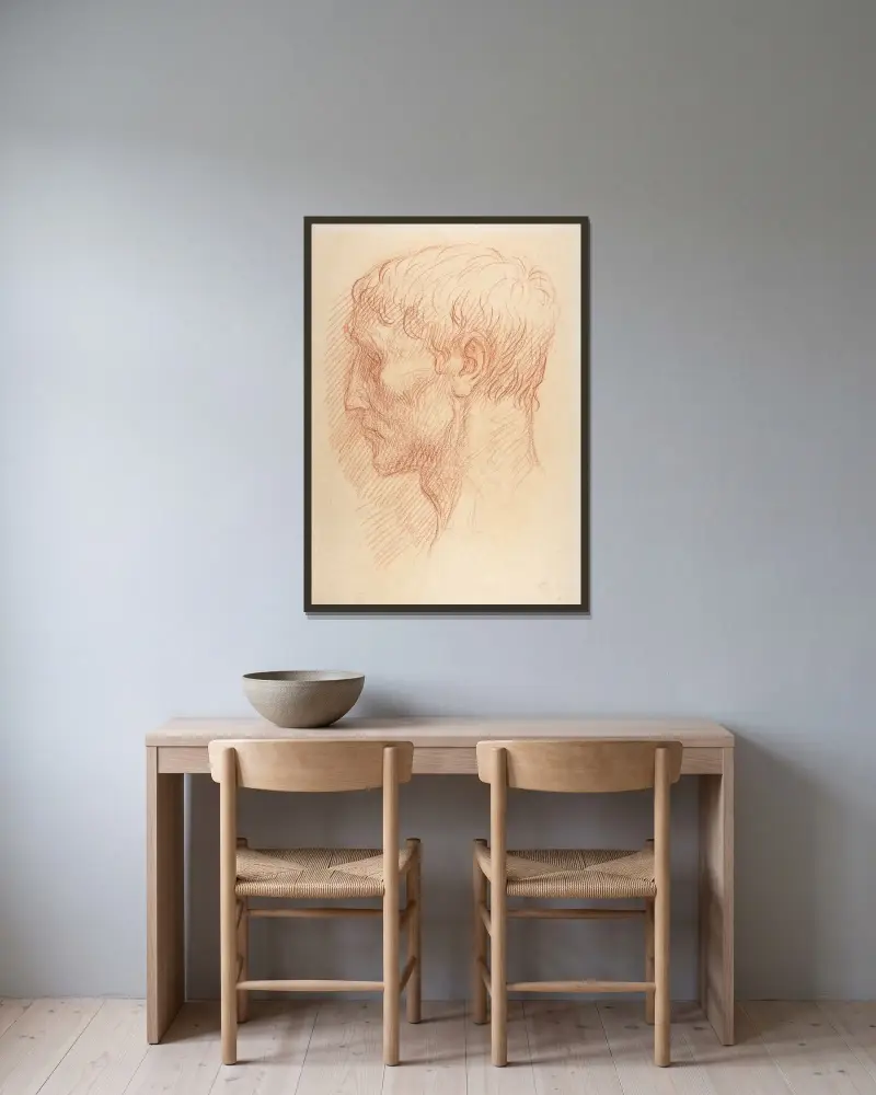 Huvud av en stenarbetare av Alphonse Legros inramad på en vägg