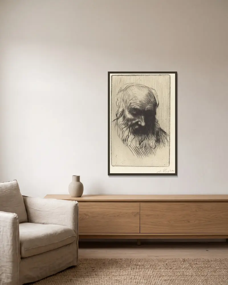 Huvud av en gammal man (Etude de tete) II av Alphonse Legros inramad på en vägg