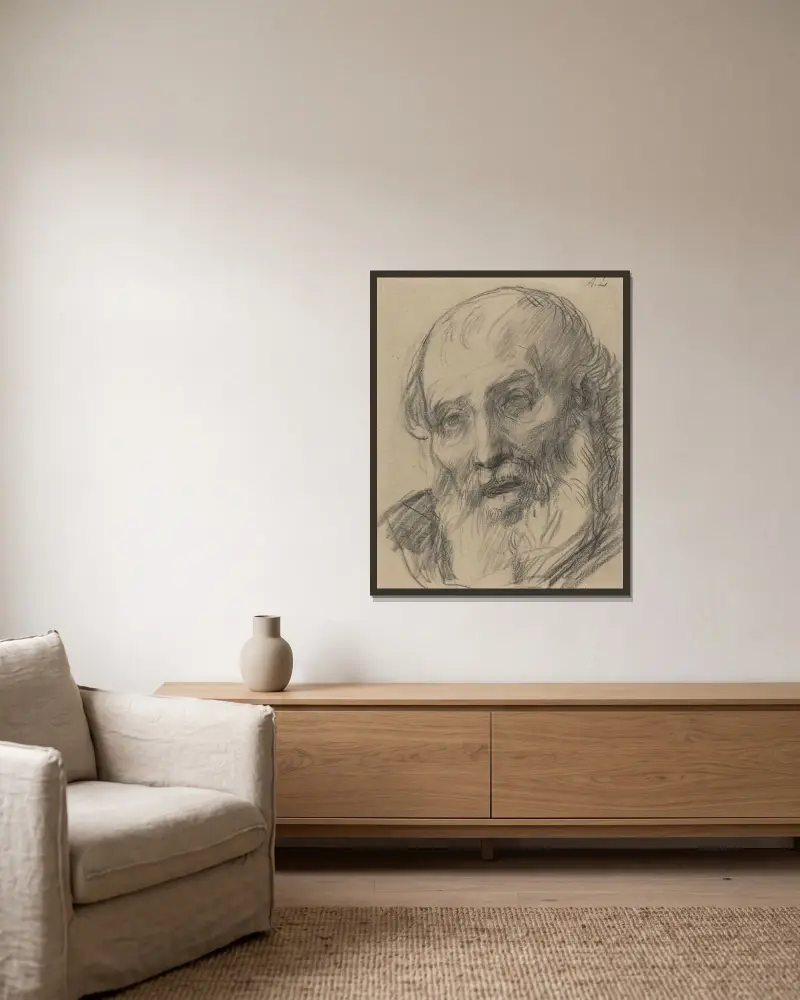 Gammal mans huvud av Alphonse Legros inramad på en vägg