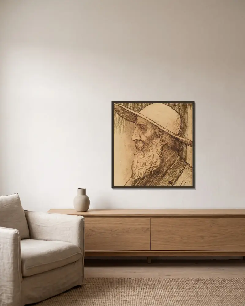 Bildnis eines alten Mannes mit breitkrempigem Hut von Alphonse Legros gerahmt an einer Wand