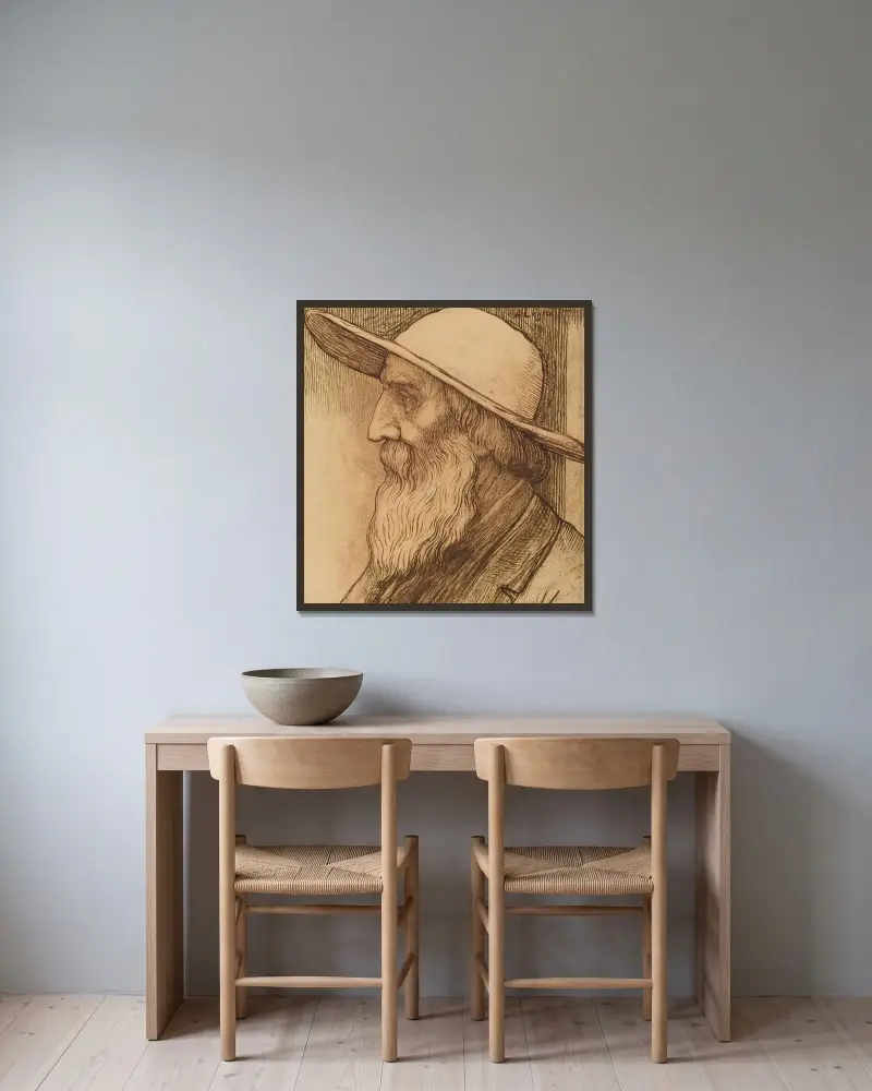 Bildnis eines alten Mannes mit breitkrempigem Hut von Alphonse Legros gerahmt an einer Wand