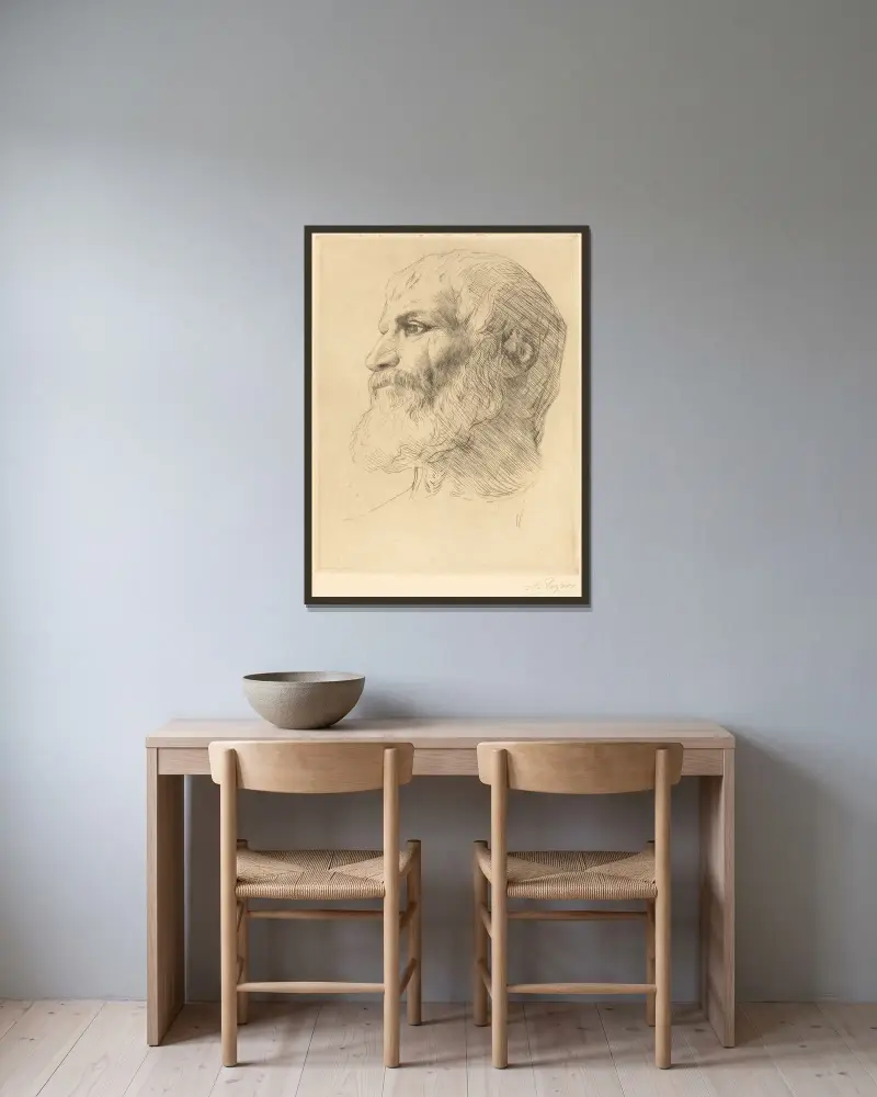 Suliotiskt huvud av Alphonse Legros inramad på en vägg