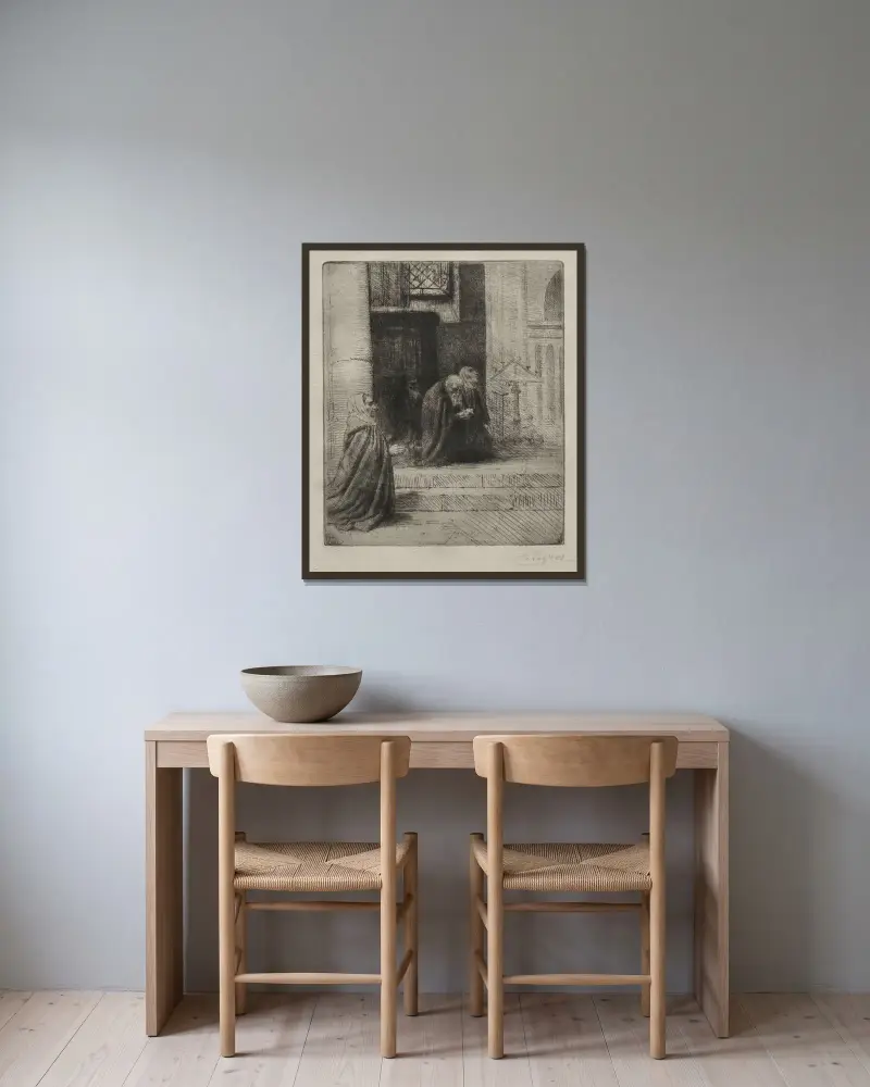 Kyrkointeriör av Alphonse Legros inramad på en vägg