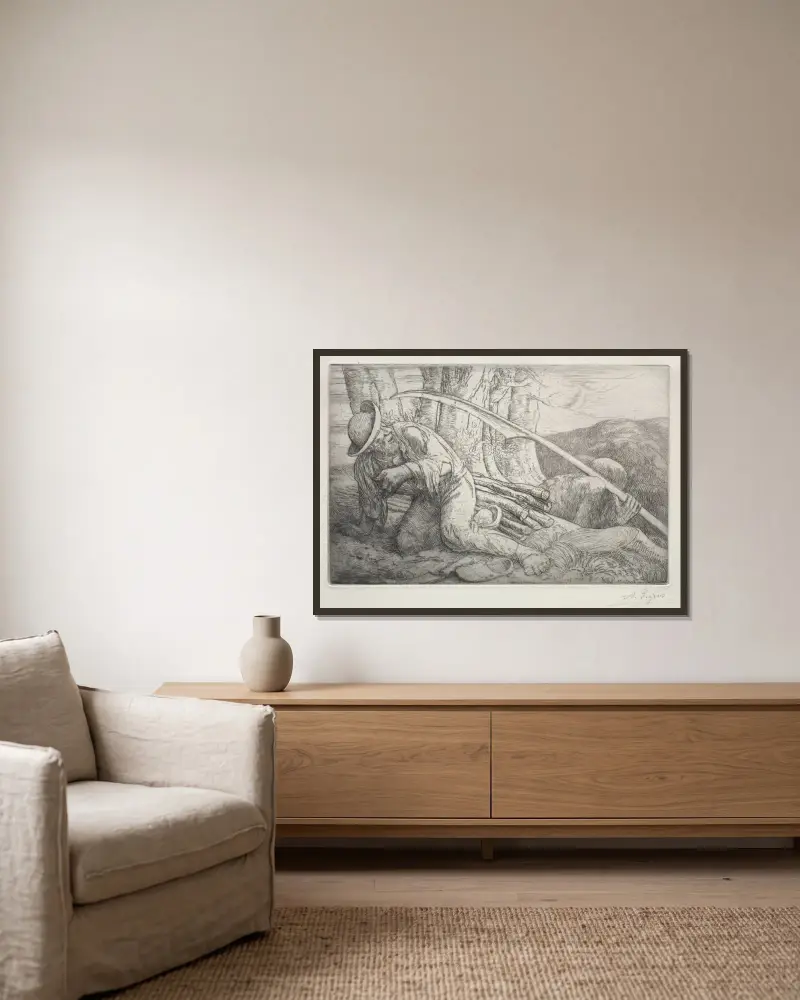 Döden och vedhuggaren av Alphonse Legros inramad på en vägg