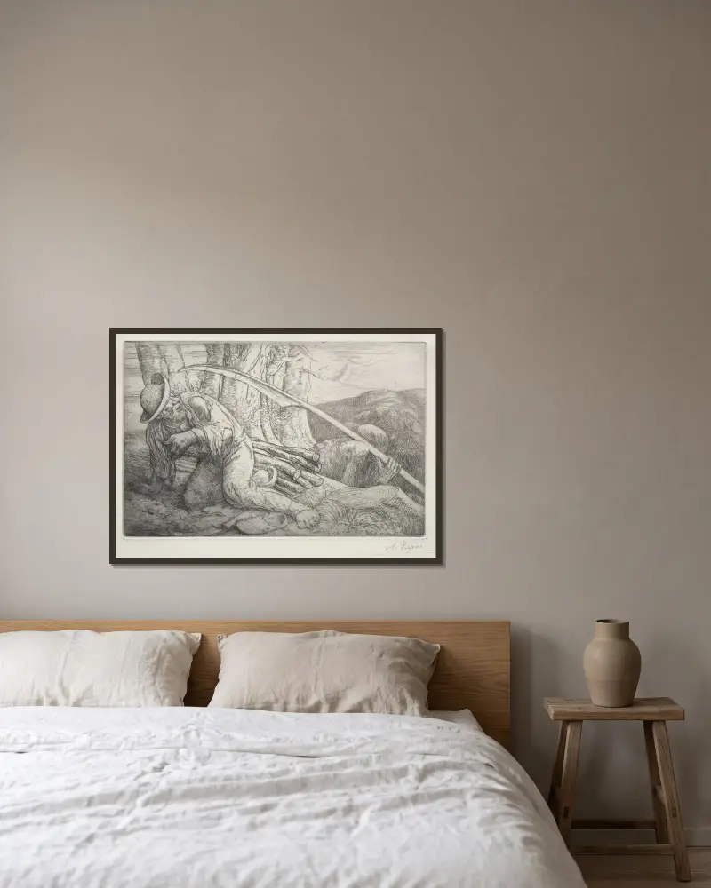 Döden och vedhuggaren av Alphonse Legros inramad på en vägg