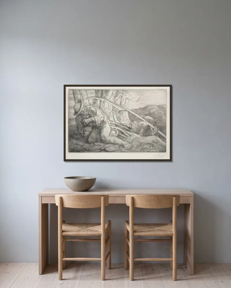 Döden och vedhuggaren av Alphonse Legros inramad på en vägg