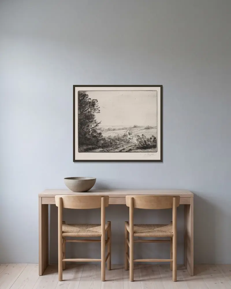 Landskap av Alphonse Legros inramad på en vägg