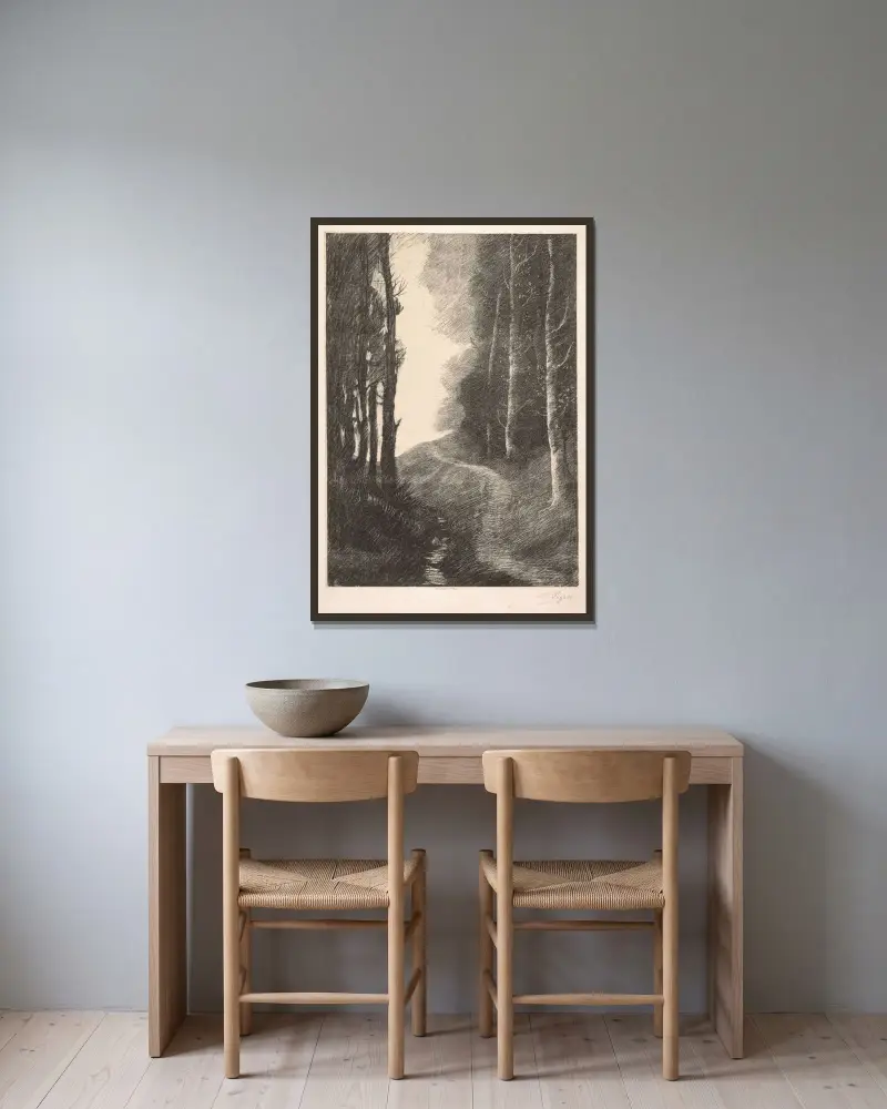 Landskap vid Bouleaux av Alphonse Legros inramad på en vägg