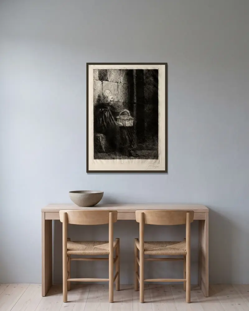 Landskap i närheten av Boulogne, kallat Kvinna med korg av Alphonse Legros inramad på en vägg