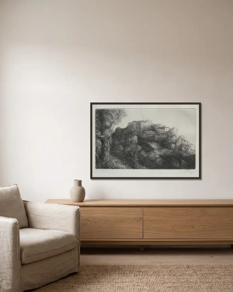Landschaft (mit Gebäuden) von Alphonse Legros gerahmt an einer Wand