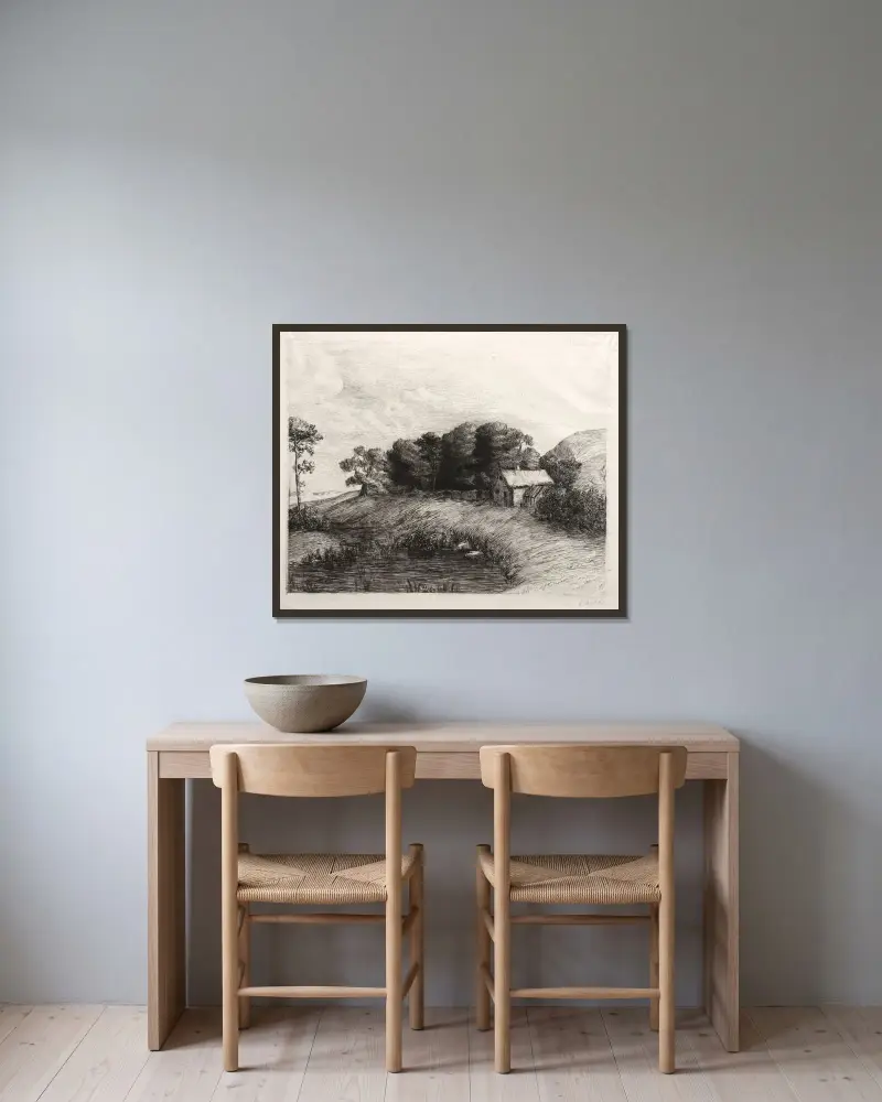 Landskap med damm av Alphonse Legros inramad på en vägg