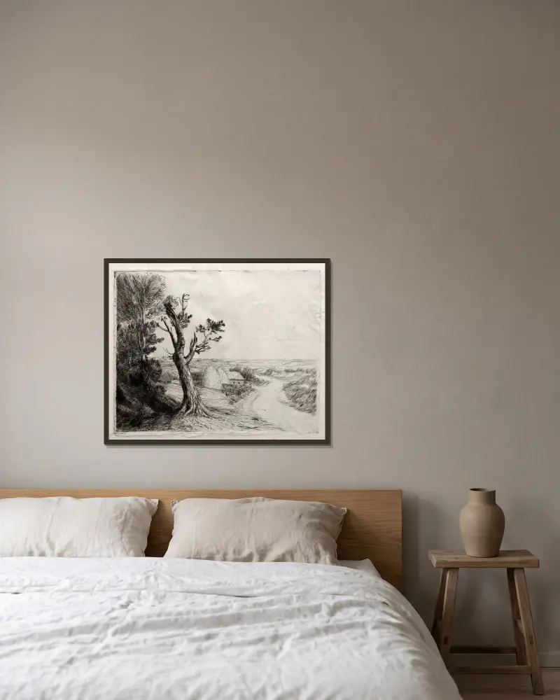 Landskap med halmstackar av Alphonse Legros inramad på en vägg