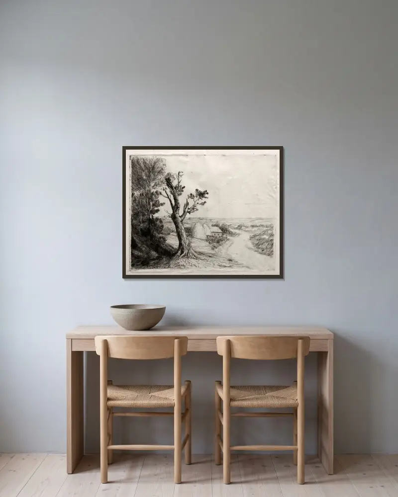 Landskap med halmstackar av Alphonse Legros inramad på en vägg