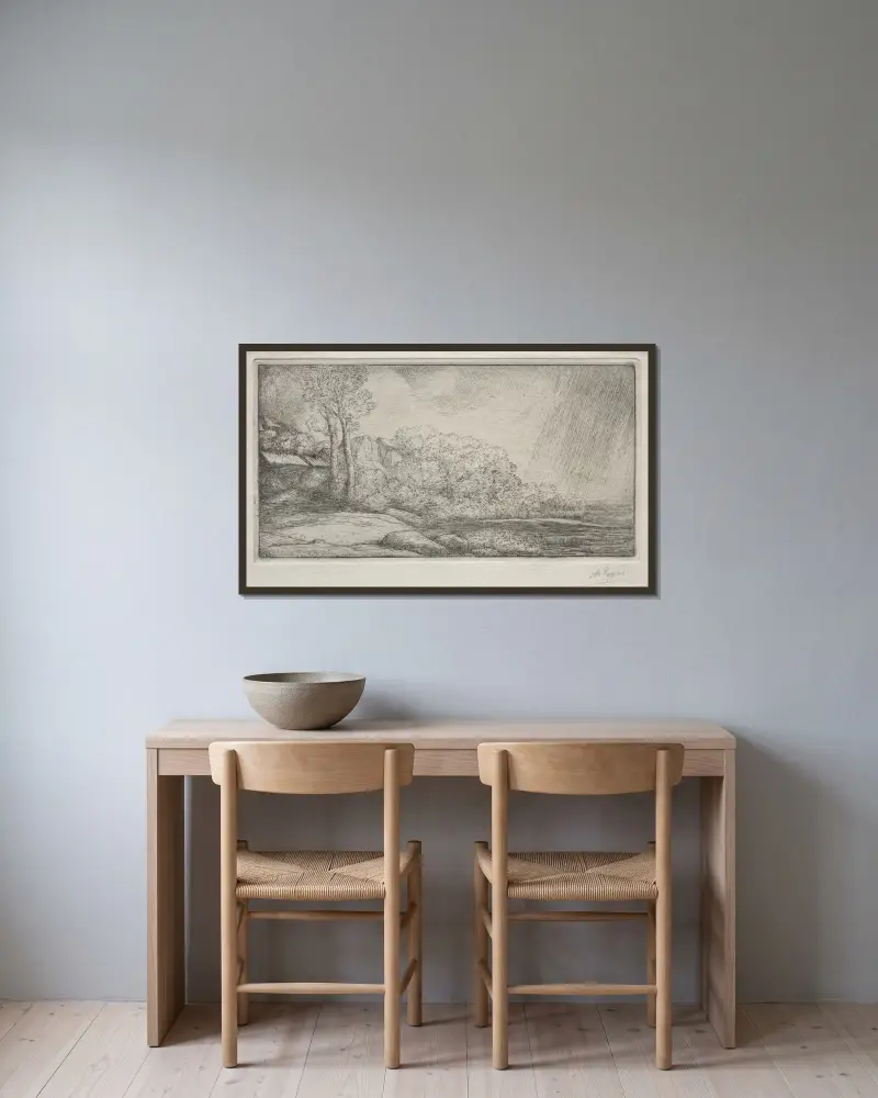 Landskap med två träd av Alphonse Legros inramad på en vägg