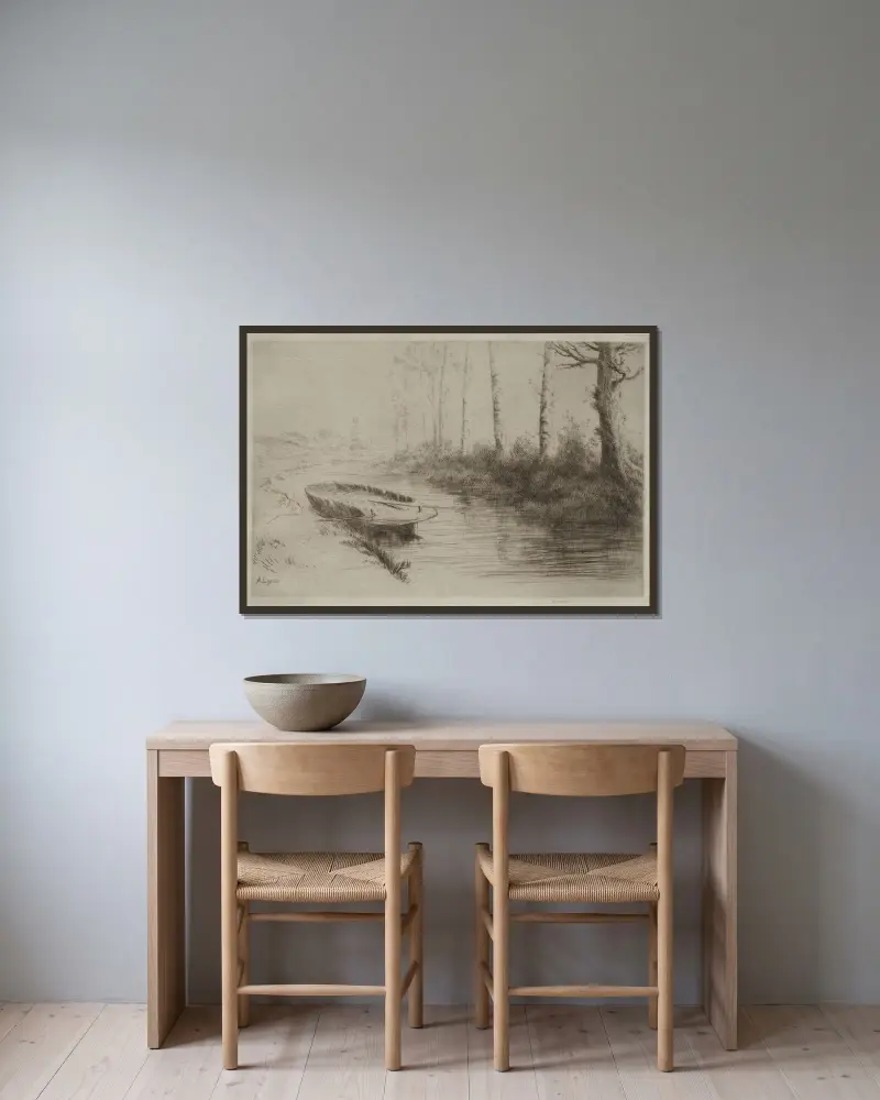 Kanalen; morgoneffekt av Alphonse Legros inramad på en vägg