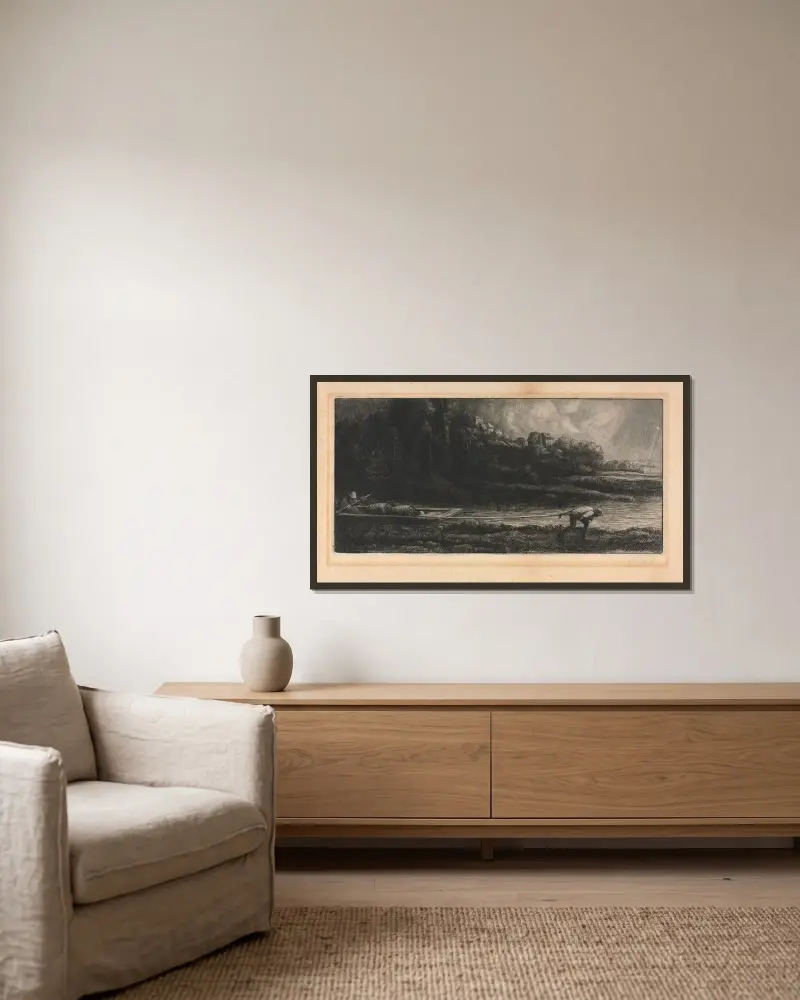 Landskap med båt av Alphonse Legros inramad på en vägg