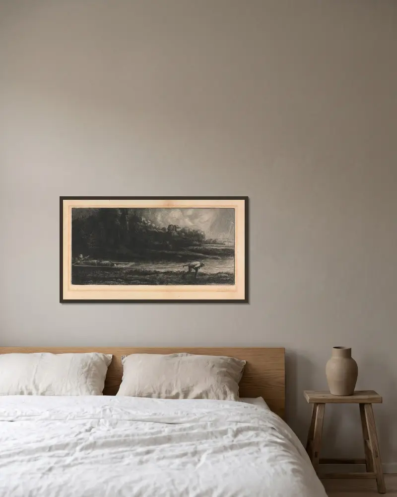 Landskap med båt av Alphonse Legros inramad på en vägg