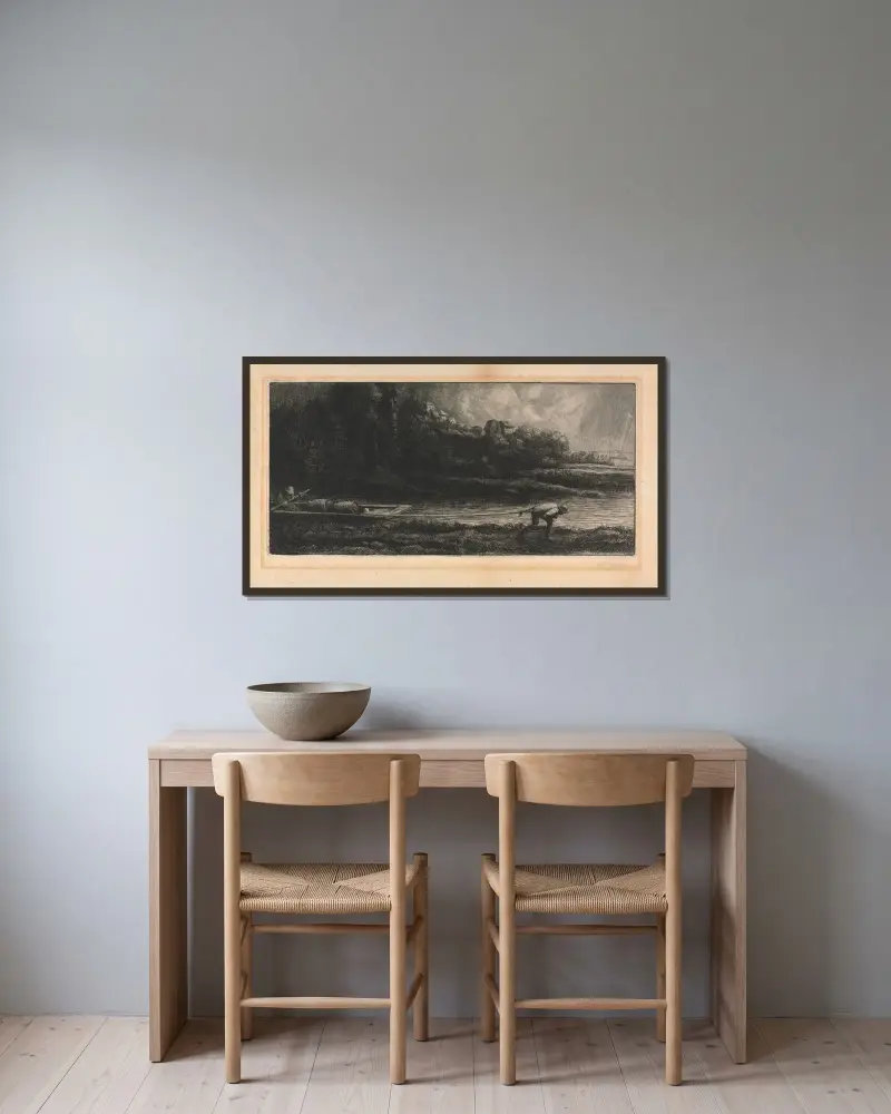 Landskap med båt av Alphonse Legros inramad på en vägg